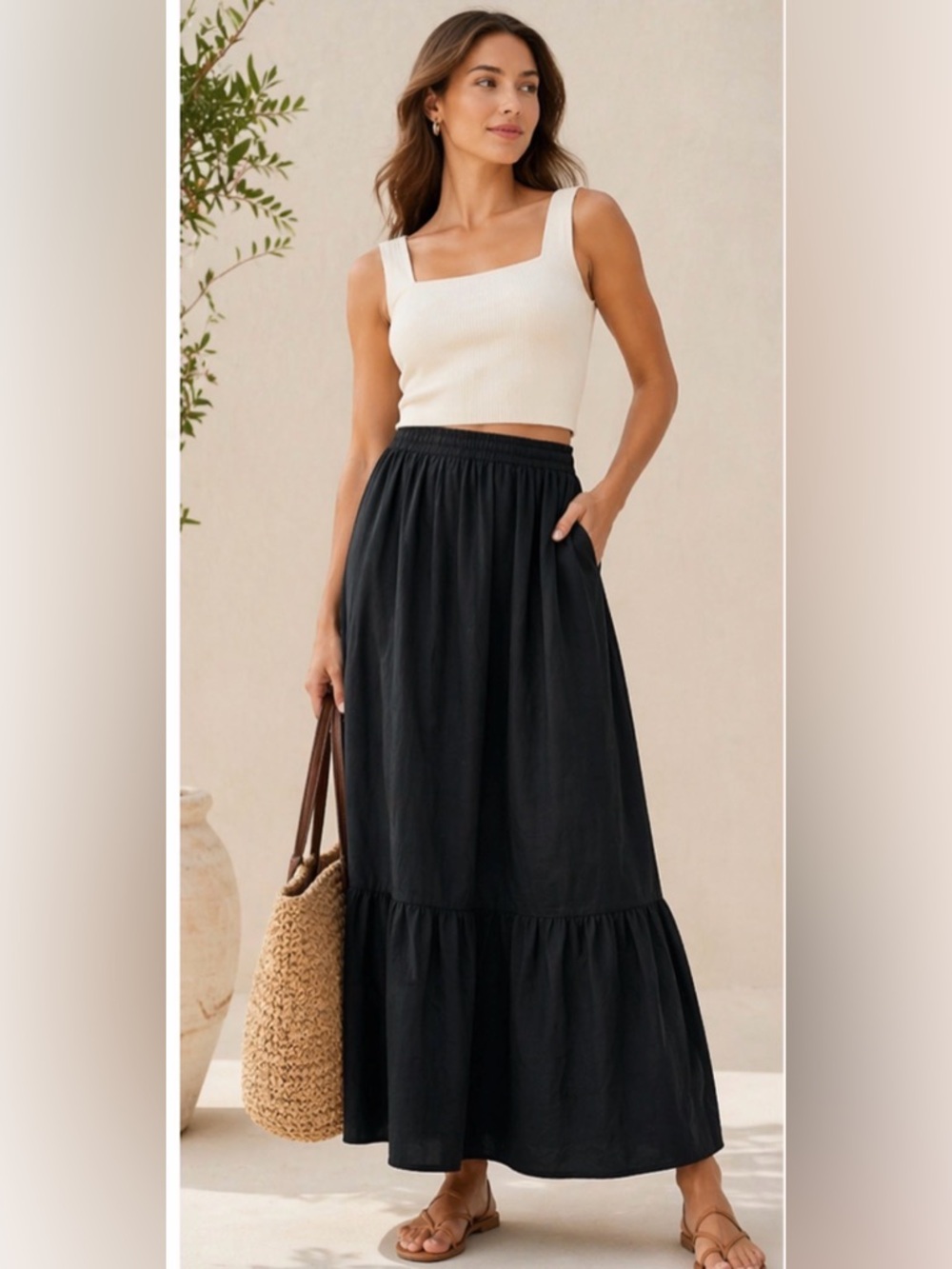 Ann Taylor Black Maxi Tiered Skirt size  16 NWOT boho lightweight coastal flowy